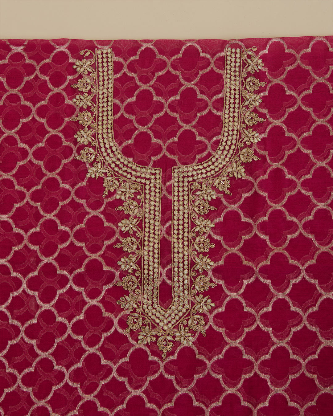 Hot pink Mal Chanderi woven kurta set with dori, gota, pearl and sequin neck work, tissue organza dupatta and shantoon bottom