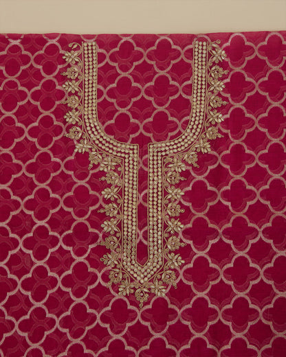 Hot pink Mal Chanderi woven kurta set with dori, gota, pearl and sequin neck work, tissue organza dupatta and shantoon bottom