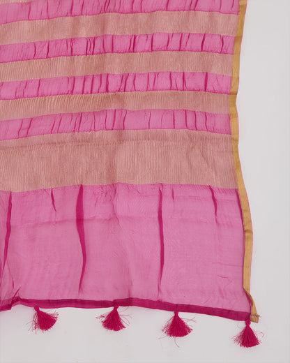 Hot pink Mal Chanderi woven kurta set with dori, gota, pearl and sequin neck work, tissue organza dupatta and shantoon bottom