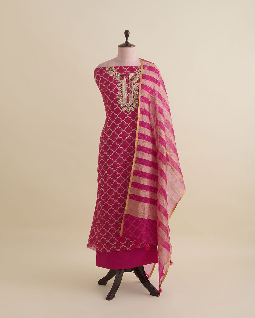 Hot pink Mal Chanderi woven kurta set with dori, gota, pearl and sequin neck work, tissue organza dupatta and shantoon bottom