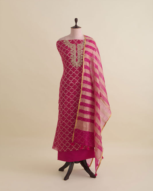 Hot pink Mal Chanderi woven kurta set with dori, gota, pearl and sequin neck work, tissue organza dupatta and shantoon bottom