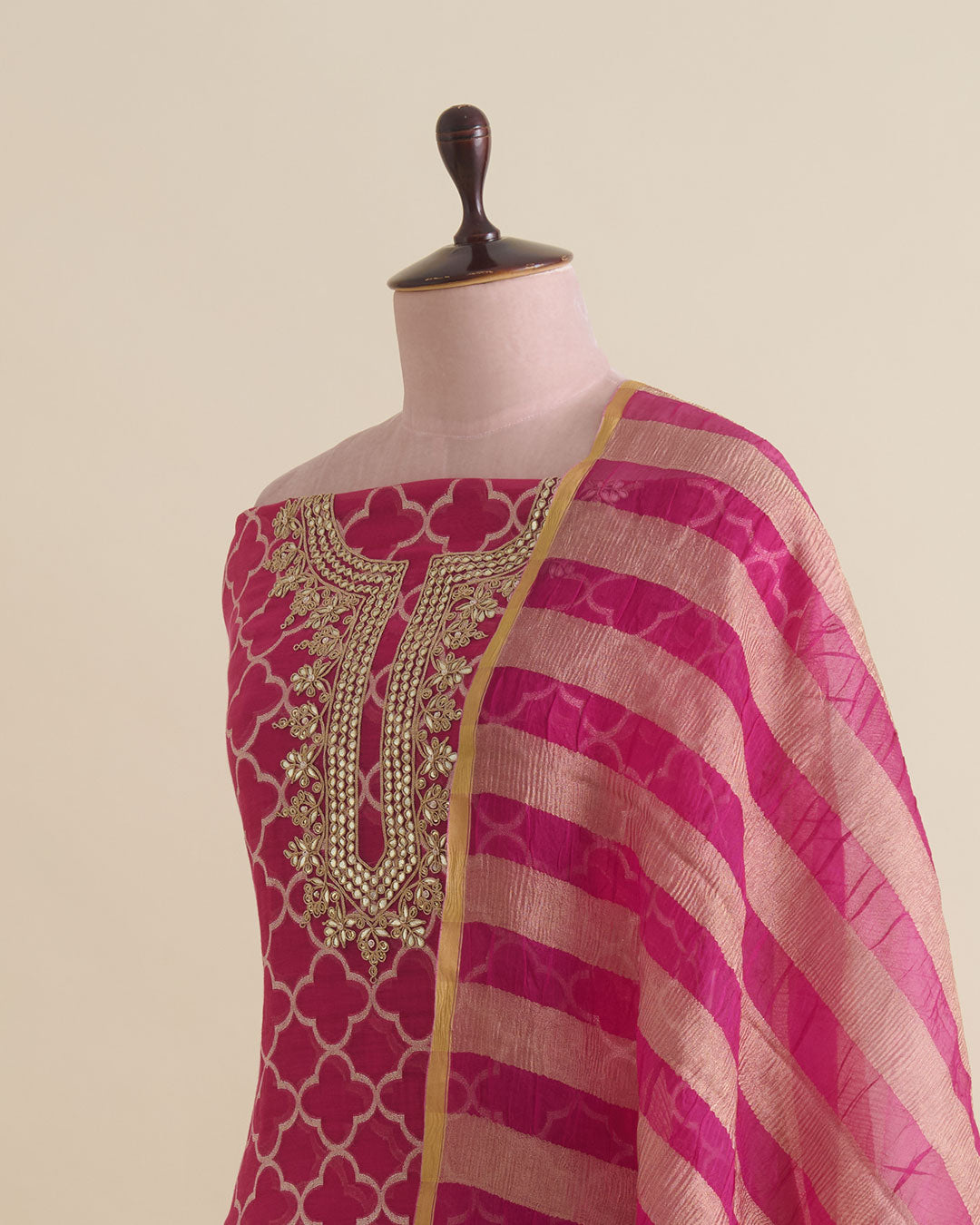 Hot pink Mal Chanderi woven kurta set with dori, gota, pearl and sequin neck work, tissue organza dupatta and shantoon bottom