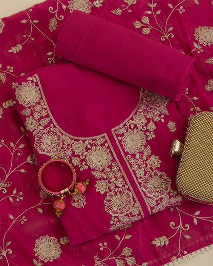 Hot Pink Mal Chanderi Kurta Set with Resham Embroidery & Butti Dupatta