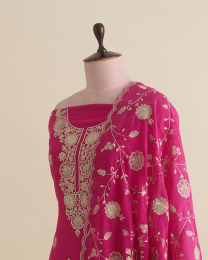 Hot Pink Mal Chanderi Kurta Set with Resham Embroidery & Butti Dupatta