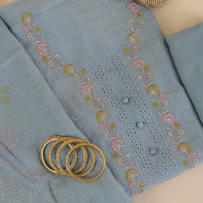 Ice Blue Fine Chanderi Thread Zari Hakoba Embroidered Suit