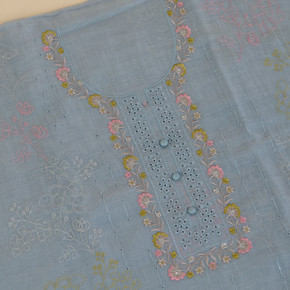 Ice Blue Fine Chanderi Thread Zari Hakoba Embroidered Suit