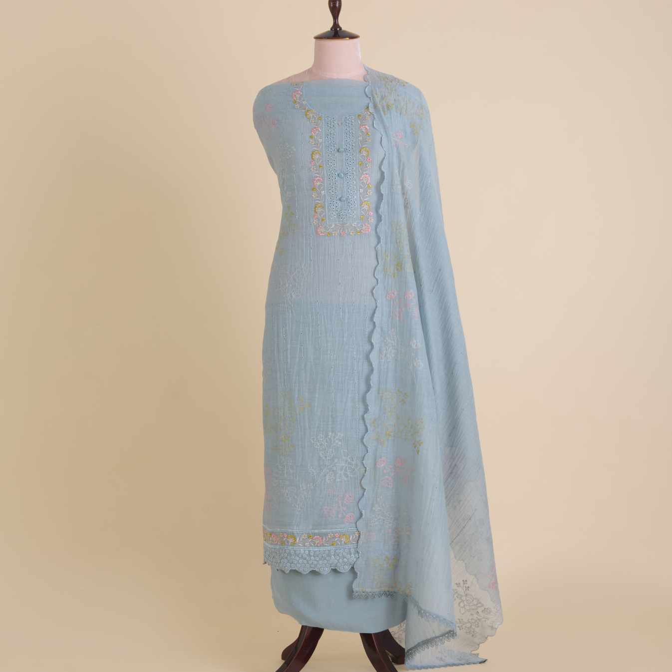 Ice Blue Fine Chanderi Thread Zari Hakoba Embroidered Suit