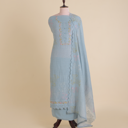 Ice Blue Fine Chanderi Thread Zari Hakoba Embroidered Suit