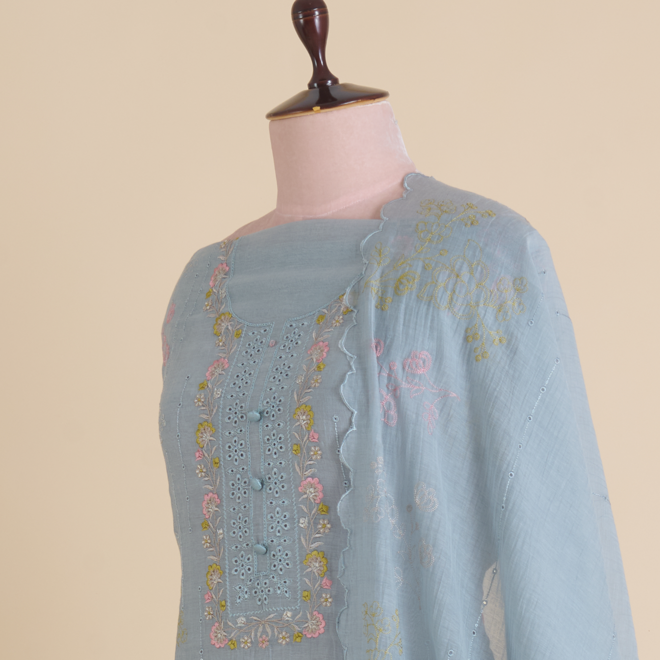 Ice Blue Fine Chanderi Thread Zari Hakoba Embroidered Suit