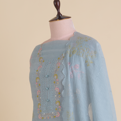 Ice Blue Fine Chanderi Thread Zari Hakoba Embroidered Suit