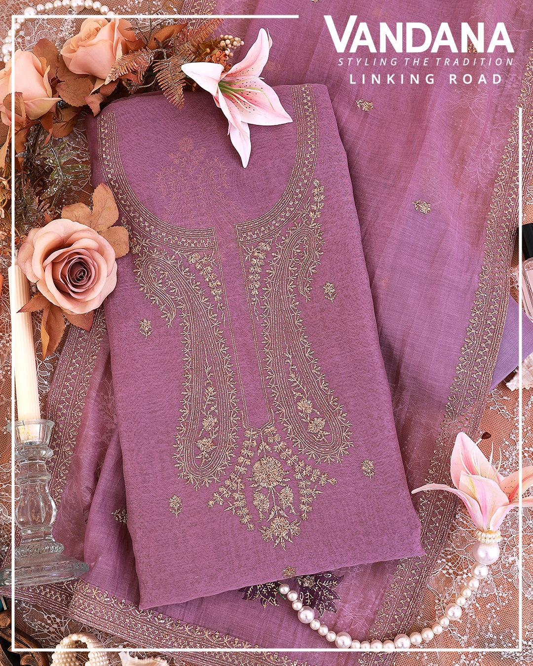Lilac Fine Chanderi Gold Printed Suit with Zari Badla Work Dupatta