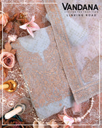Light Blue Fine Chanderi Self Printed Suit with Zari Badla Embroidered Dupatta