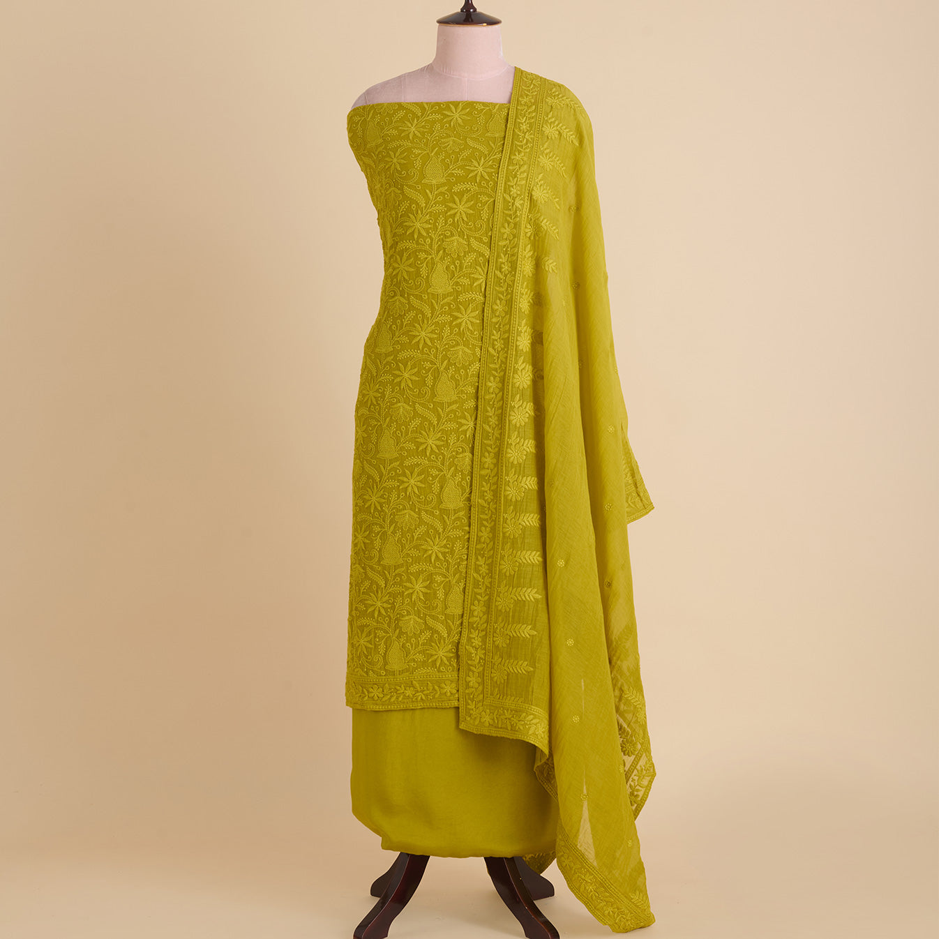 Lime Green Fine Chanderi Self Embroidered Jaal Suit