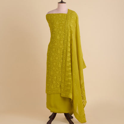 Lime Green Fine Chanderi Self Embroidered Jaal Suit