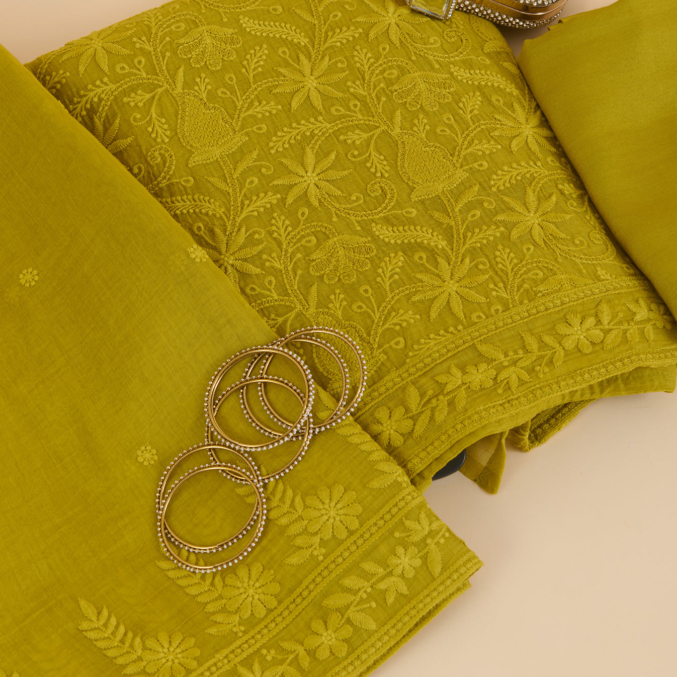 Lime Green Fine Chanderi Self Embroidered Jaal Suit