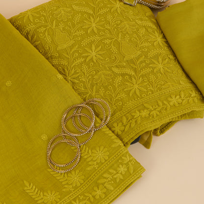 Lime Green Fine Chanderi Self Embroidered Jaal Suit