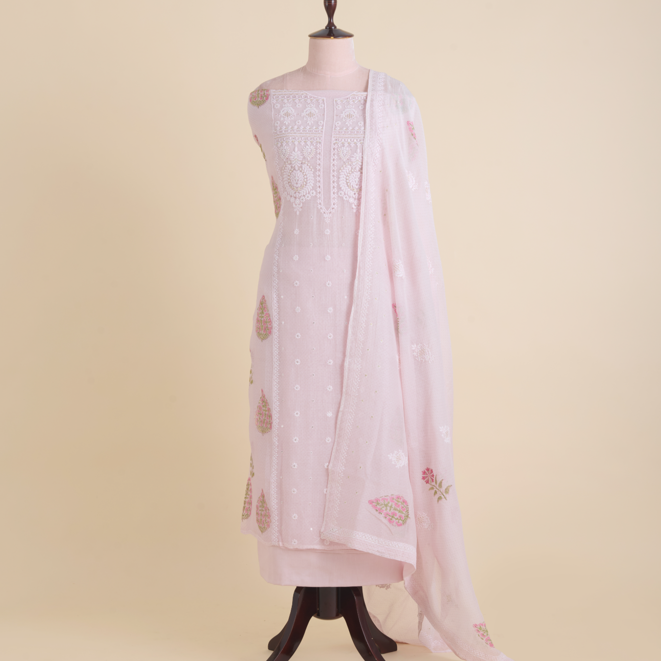 Light Pink Fine Chanderi Printed Embroidered Suit Set