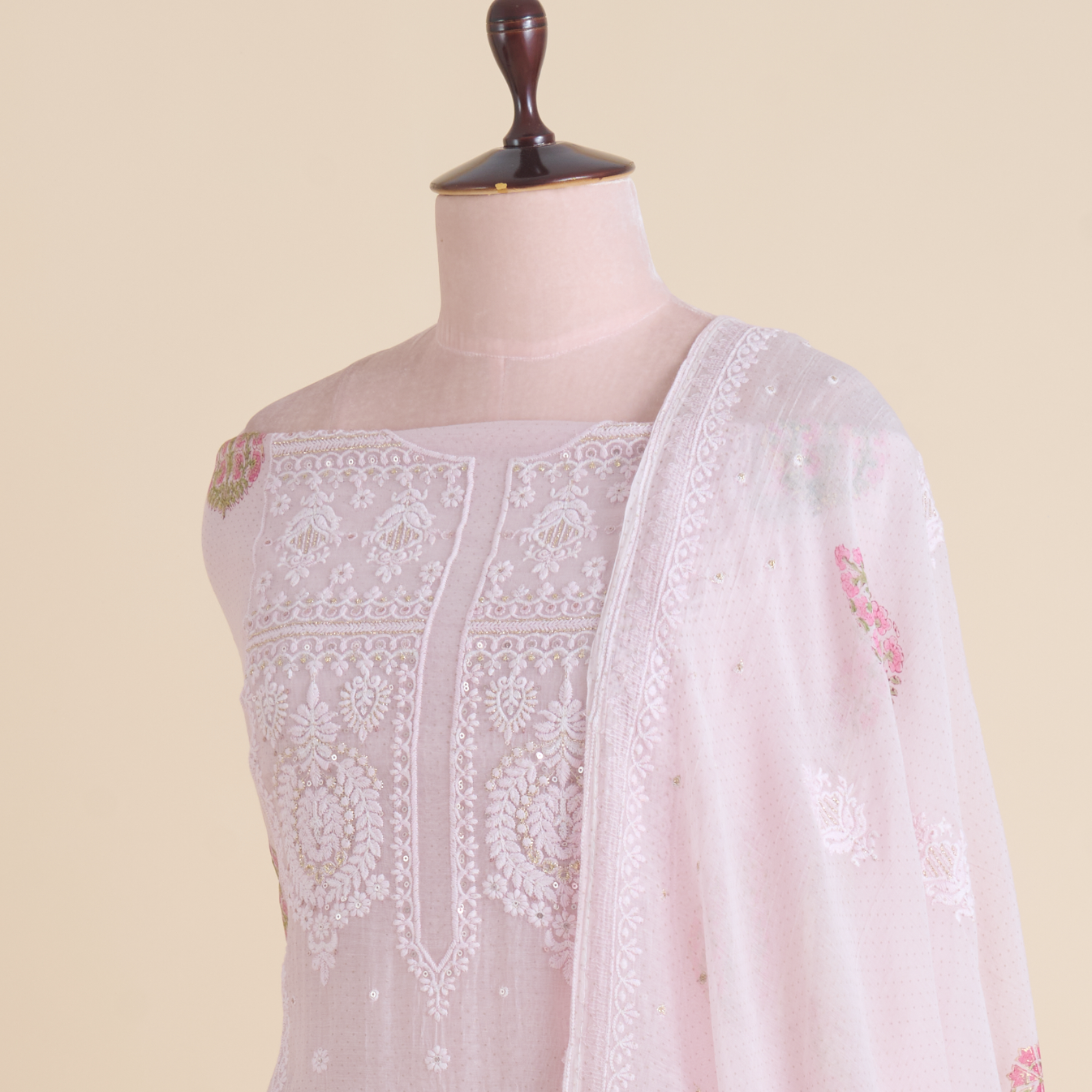 Light Pink Fine Chanderi Printed Embroidered Suit Set