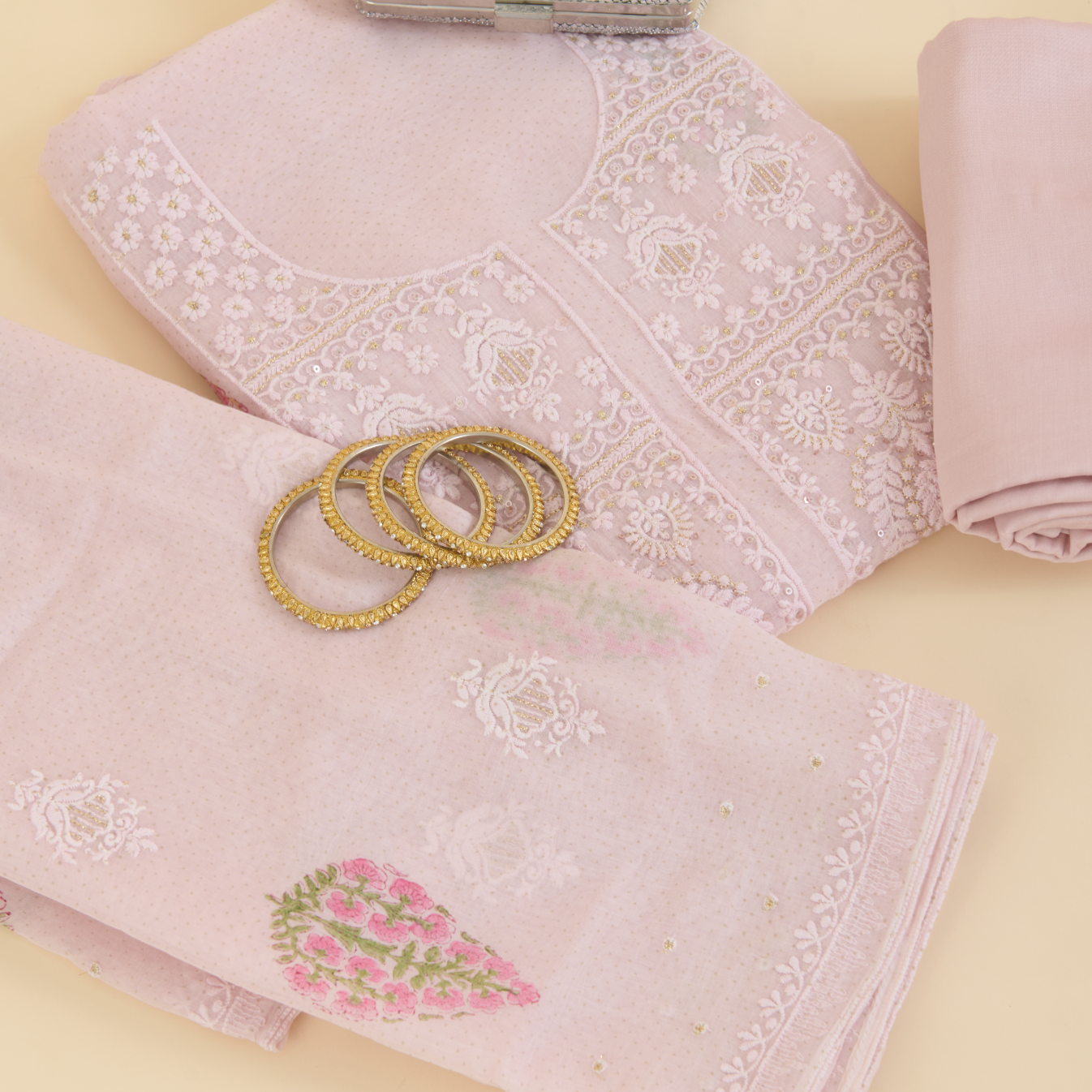 Light Pink Fine Chanderi Printed Embroidered Suit Set