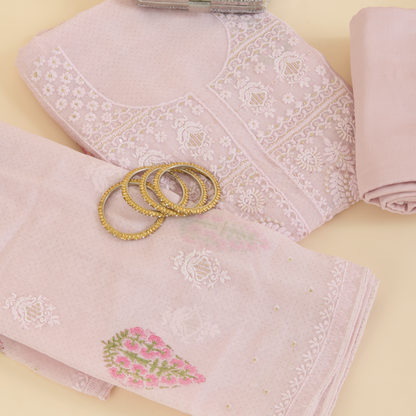 Light Pink Fine Chanderi Printed Embroidered Suit Set