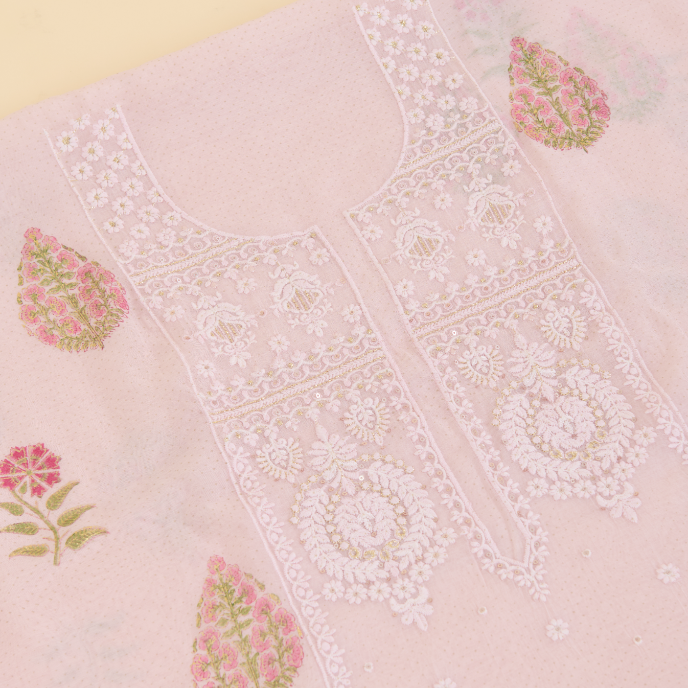 Light Pink Fine Chanderi Printed Embroidered Suit Set