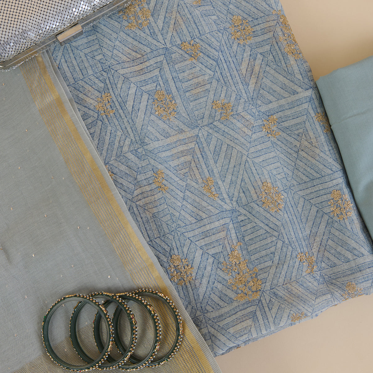 Light Blue Fine Chanderi Printed Kurta with Zari Buti & Badla Dupatta