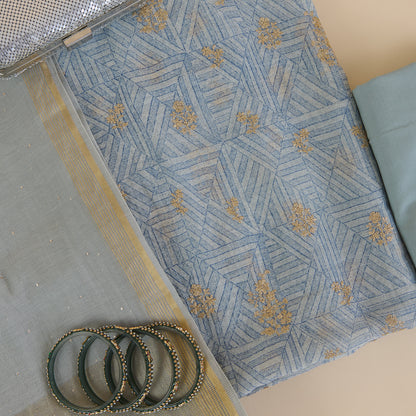 Light Blue Fine Chanderi Printed Kurta with Zari Buti & Badla Dupatta