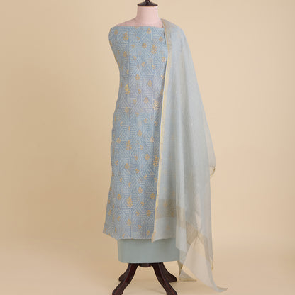 Light Blue Fine Chanderi Printed Kurta with Zari Buti & Badla Dupatta