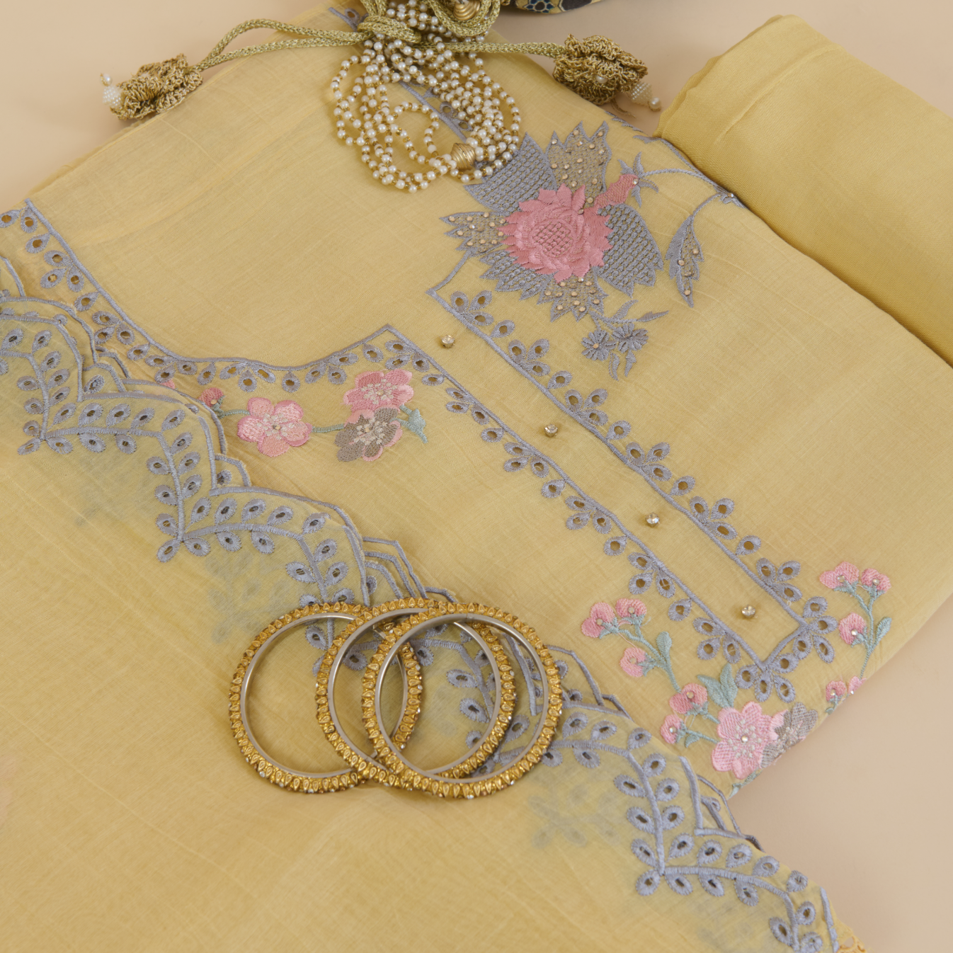 Light Yellow Fine Chanderi Thread Hakoba Stone Embroidered Suit
