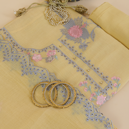 Light Yellow Fine Chanderi Thread Hakoba Stone Embroidered Suit