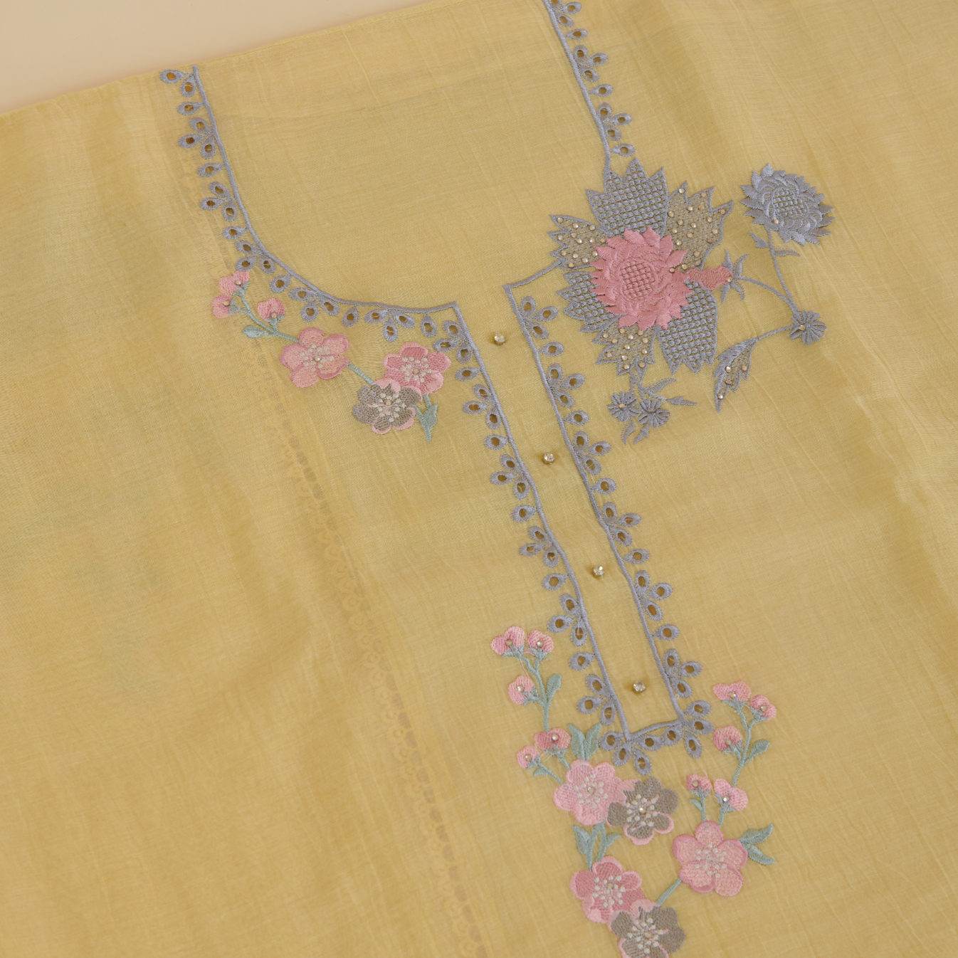 Light Yellow Fine Chanderi Thread Hakoba Stone Embroidered Suit