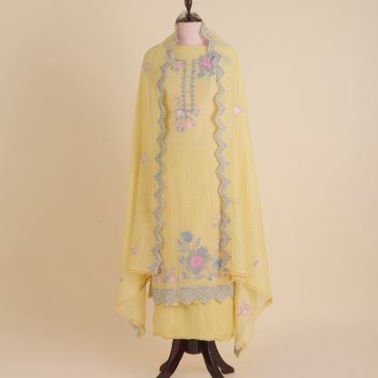 Light Yellow Fine Chanderi Thread Hakoba Stone Embroidered Suit