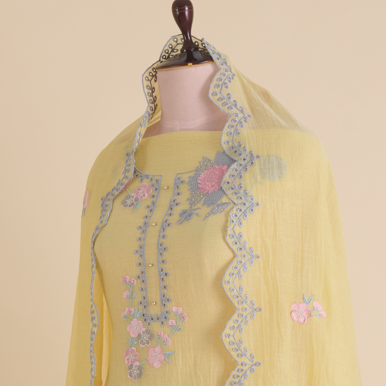 Light Yellow Fine Chanderi Thread Hakoba Stone Embroidered Suit