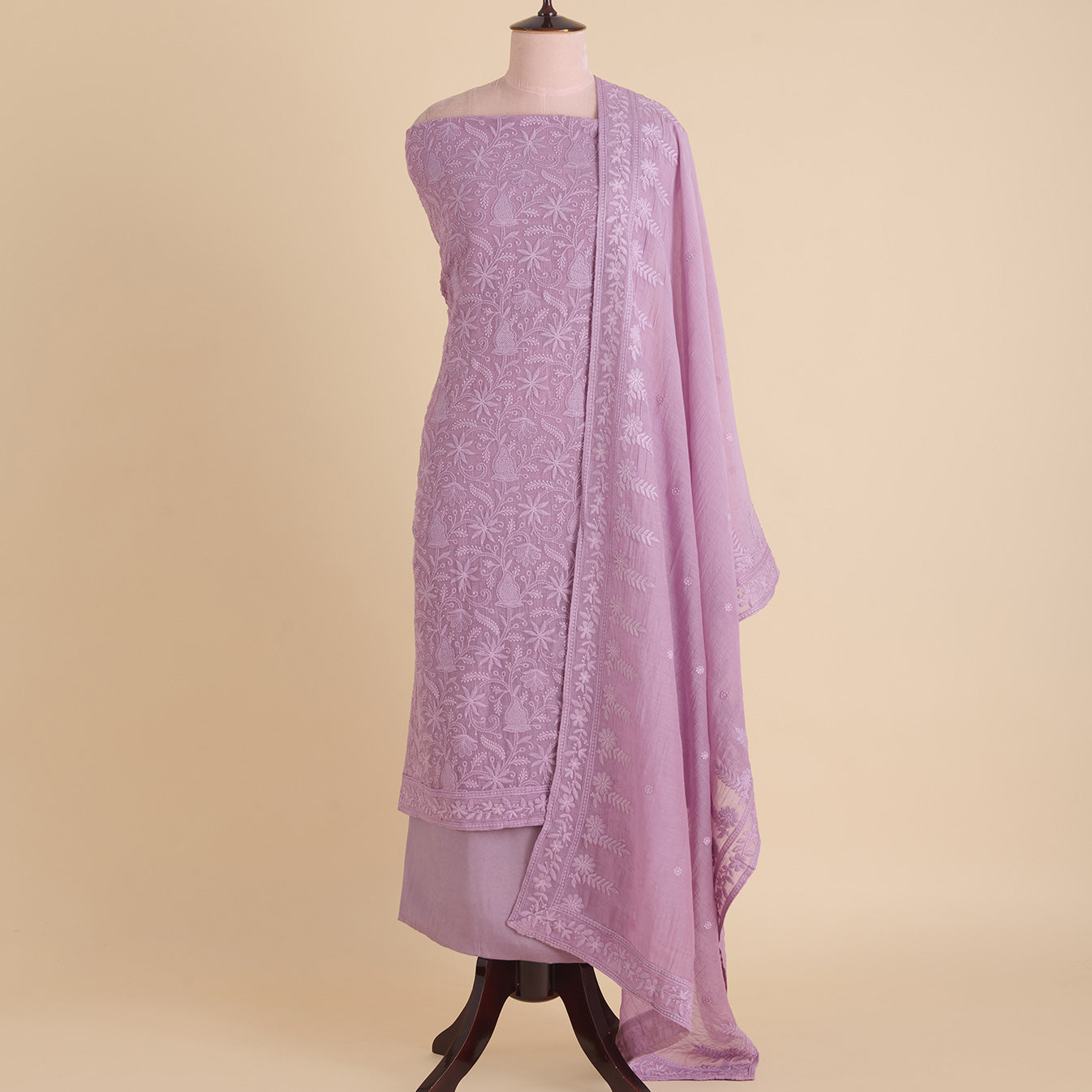 Lilac Fine Chanderi Self Embroidered Jaal Suit Set
