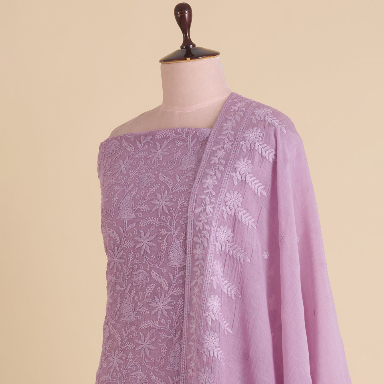 Lilac Fine Chanderi Self Embroidered Jaal Suit Set