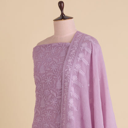 Lilac Fine Chanderi Self Embroidered Jaal Suit Set