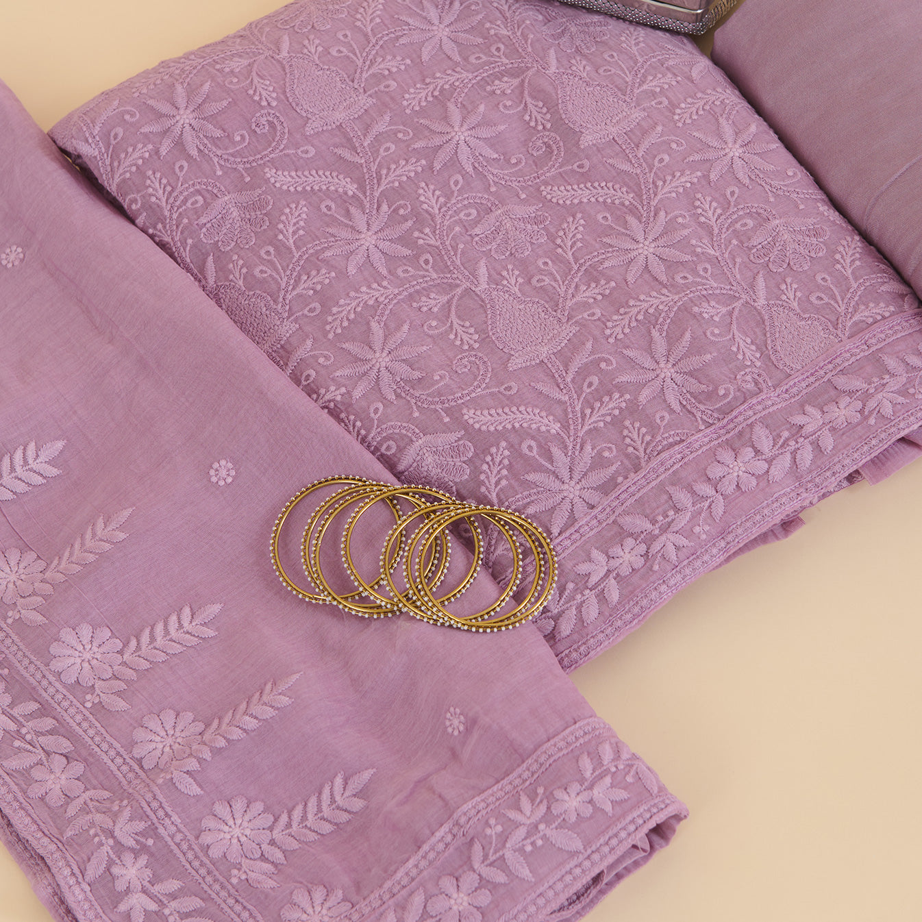 Lilac Fine Chanderi Self Embroidered Jaal Suit Set