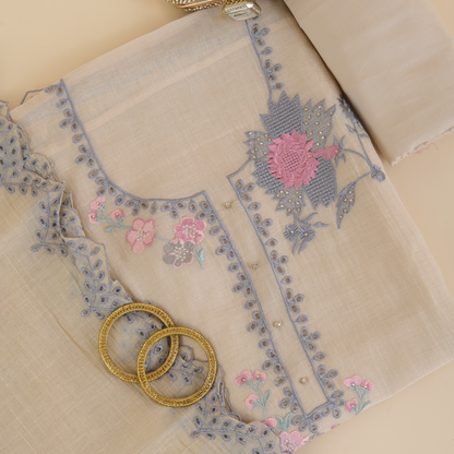 Light Beige Fine Chanderi Thread Hakoba Stone Embroidered Suit