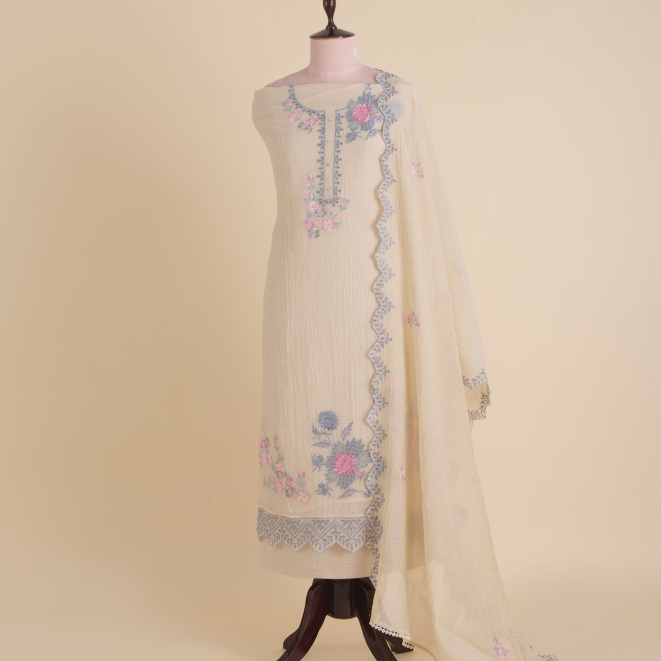 Light Beige Fine Chanderi Thread Hakoba Stone Embroidered Suit