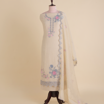 Light Beige Fine Chanderi Thread Hakoba Stone Embroidered Suit
