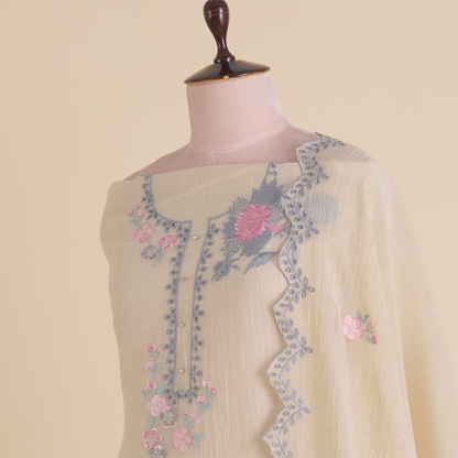 Light Beige Fine Chanderi Thread Hakoba Stone Embroidered Suit