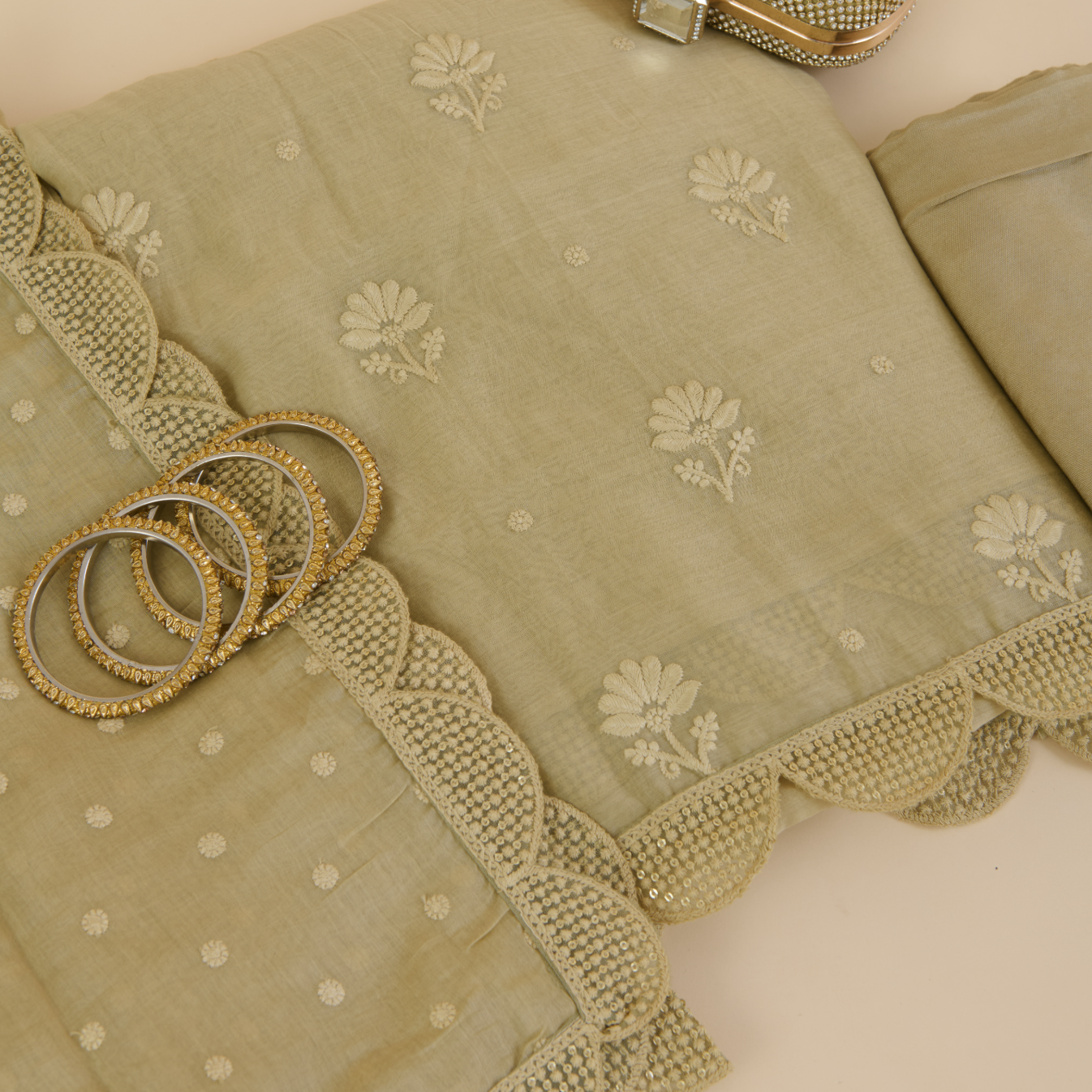 Light Beige Fine Chanderi Self Embroidered Buta Suit Set