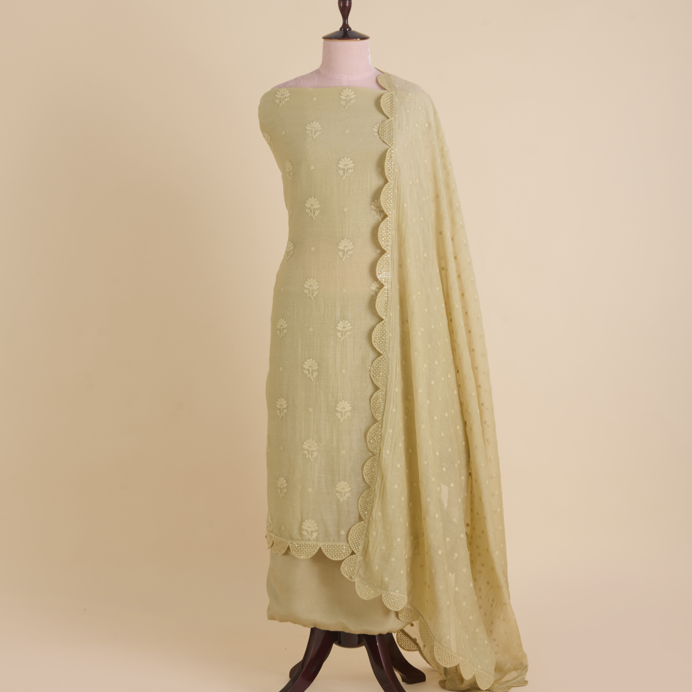 Light Beige Fine Chanderi Self Embroidered Buta Suit Set