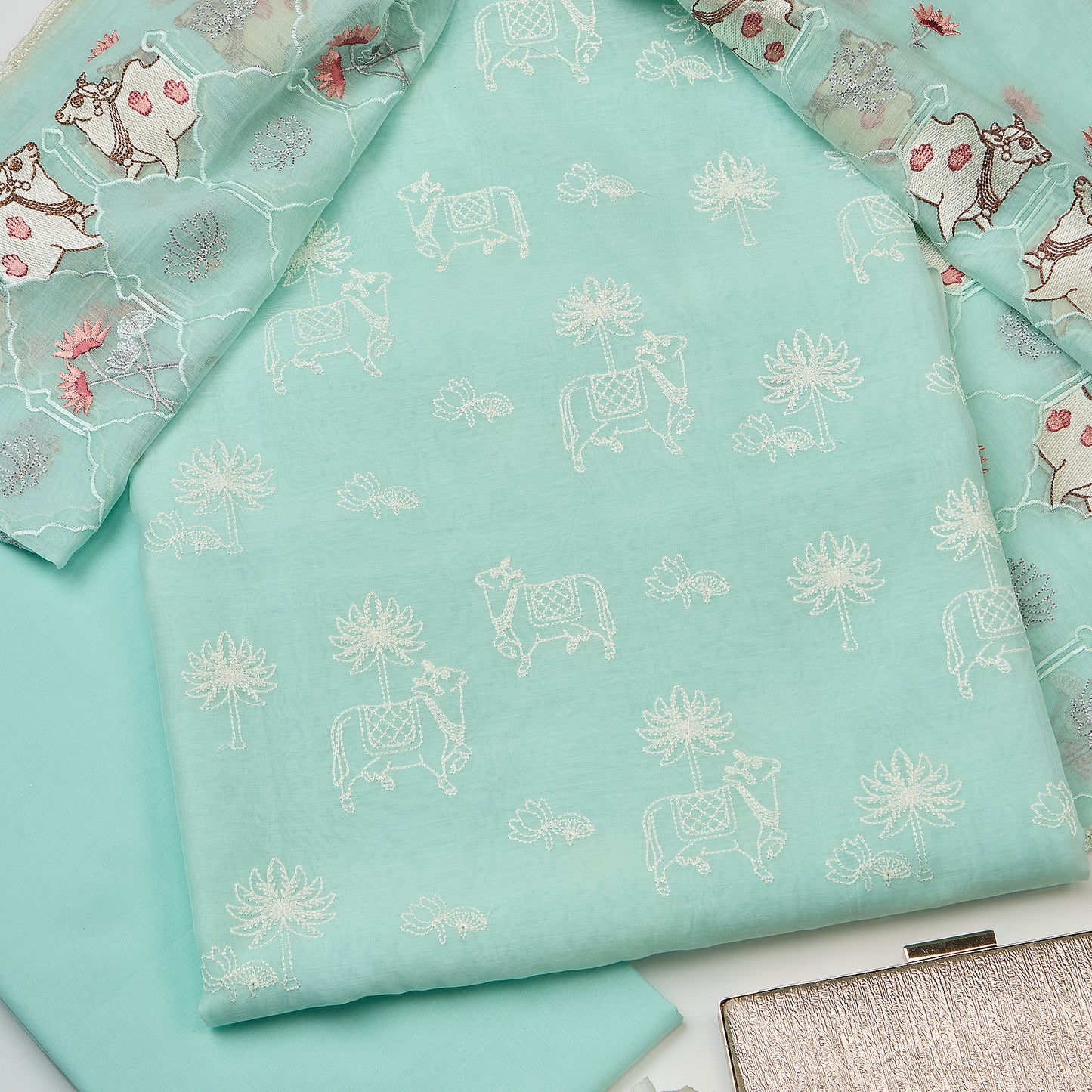 Mint Pichwai Embroidered Chanderi Kurta Set with Dupatta