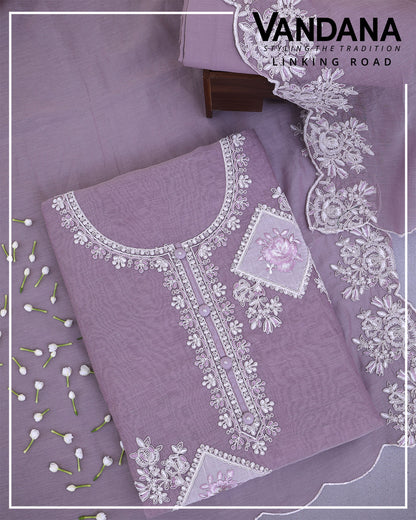 Misty Lilac Grey Fine Chanderi Suit with Embroidered Dupatta & Cotton Bottom