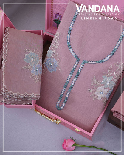 Dusty Mauve Fine Chanderi Suit with Embroidery & Dupatta Set