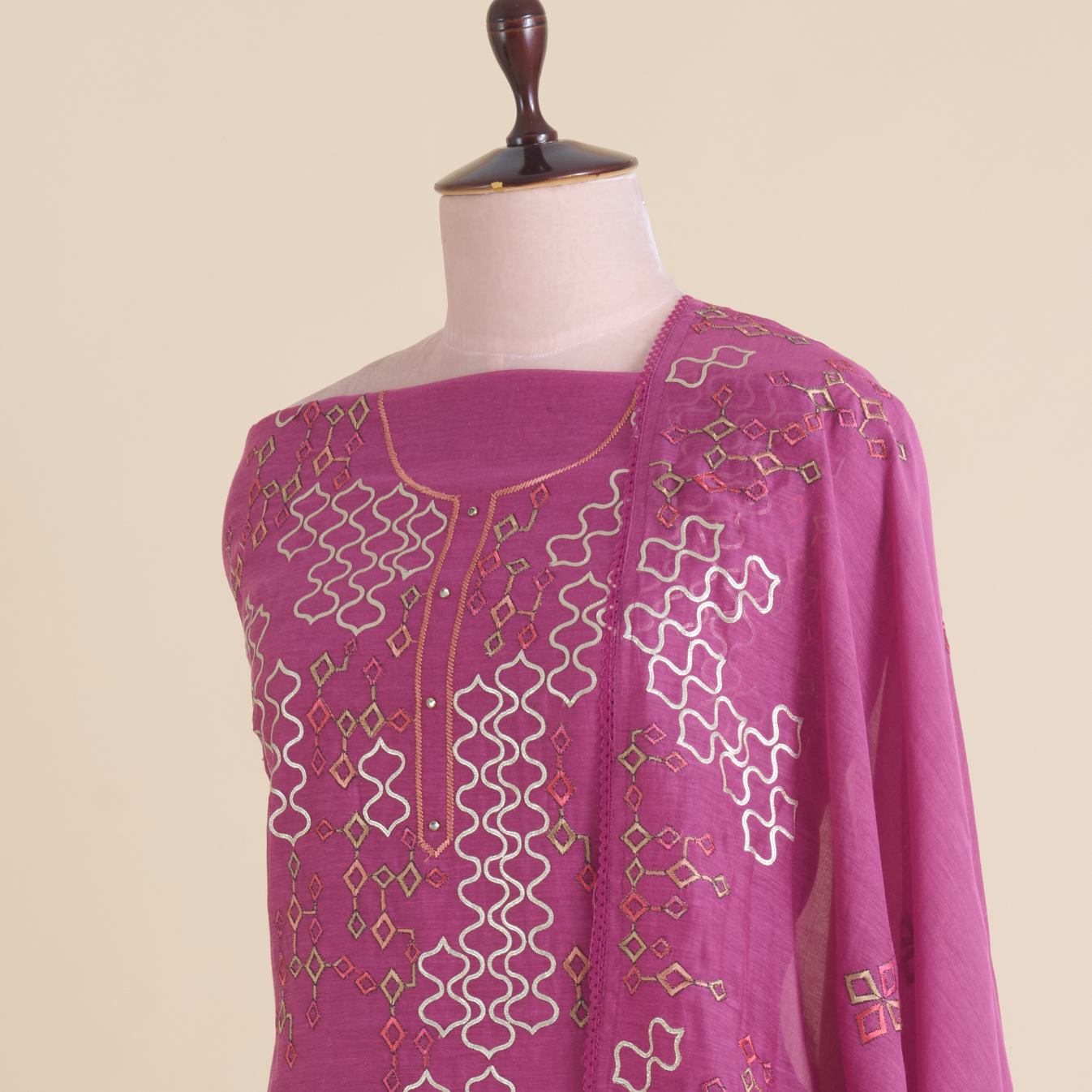 Magenta Fine Chanderi Thread & Zari Badla Embroidered Suit