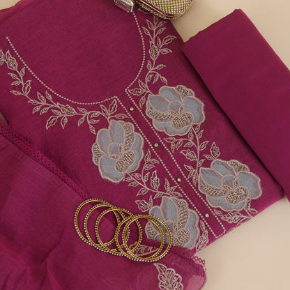 Magenta Fine Chanderi Thread & Sequin Embroidered Suit