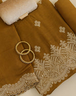 Mustard Mal Chanderi kurta with sequence zari embroidery, matching butti dupatta and shantoon bottom set