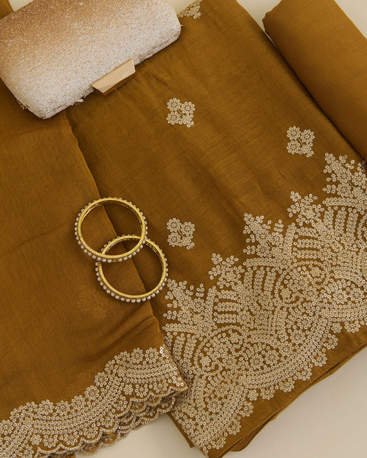 Mustard Mal Chanderi kurta with sequence zari embroidery, matching butti dupatta and shantoon bottom set